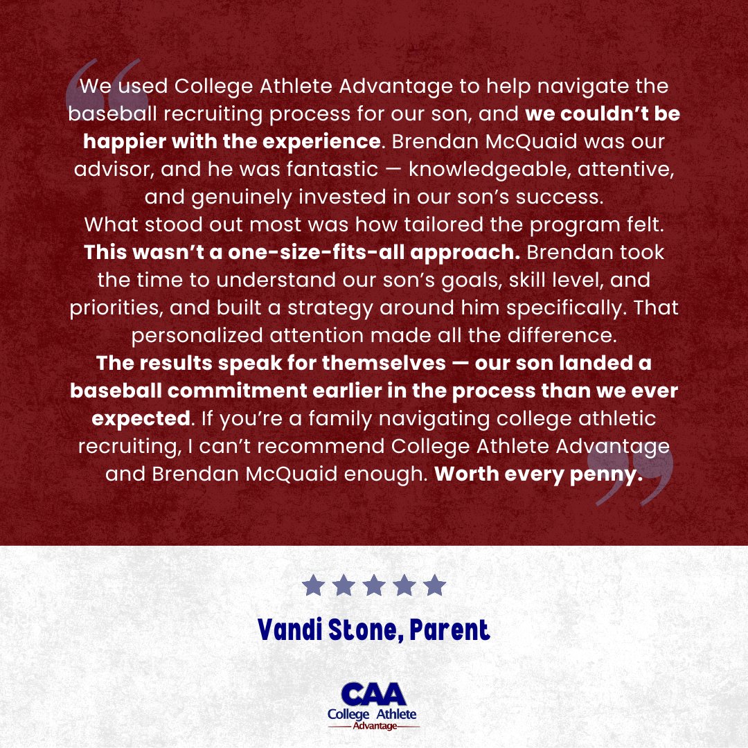 The_CAAdvantage's tweet photo. We don't have a one-size-fits-all approach. 🚫

We offer a tailored, strategic approach to find the right fit for YOUR athlete. ✔️

Like Vandi says, the results speak for themselves. 🗨️ And so do the Google reviews. Check them out to see what other parents and players are saying about the service at CAA. ⭐⭐⭐⭐⭐
