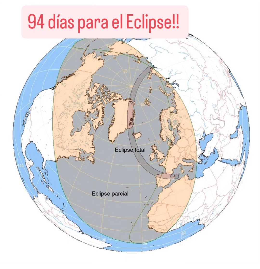 S_Abella's tweet photo. La franja de totalidad del Eclipse de Sol recorrerá el océano Ártico, parte de Groenlandia e Islandia, cruzará el Atlántico y cruzará la península Ibérica de oeste a este. El eclipse será parcial en Norteamérica, gran parte de Europa y el oeste de África.
#eclipsesoltotal https://t.co/3QTttNG4Wk
