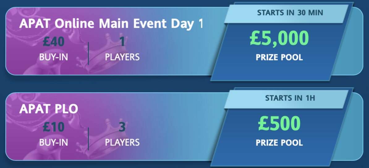 apatpoker's tweet photo. APAT Online tonight, exclusively on @SkyPoker 

7:00pm - £5,000 Gtd Main Event Day 1b - £40
7:30pm - £500 Gtd PLO Side Event - £10 https://t.co/5oj0sl0pbM