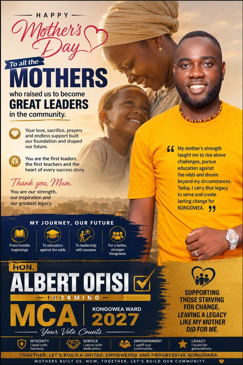 OfisiAlbert's tweet photo. Happy Mother’s Day to all mothers whose love, sacrifice and prayers raised us into leaders within our communities. 🌹
Your strength is the foundation of a better tomorrow.

#MothersDay 
#KongoweaWard 
#AlbertOfisi 
#LindaMwananchi 
#Leadership 
#CommunityFirst https://t.co/xAcH2tUXbL