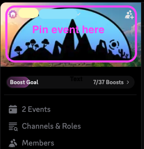 Queensnorth's tweet photo. @discord_support Hey! I'm wondering how to pin an event. I've got two events happening, but I want to pin a specific one so it's prominent on the server. I know events can show here, because I had one there, but hit the 'x' thinking the other would take it's place. (desktop app) https://t.co/wLBGtRccH0