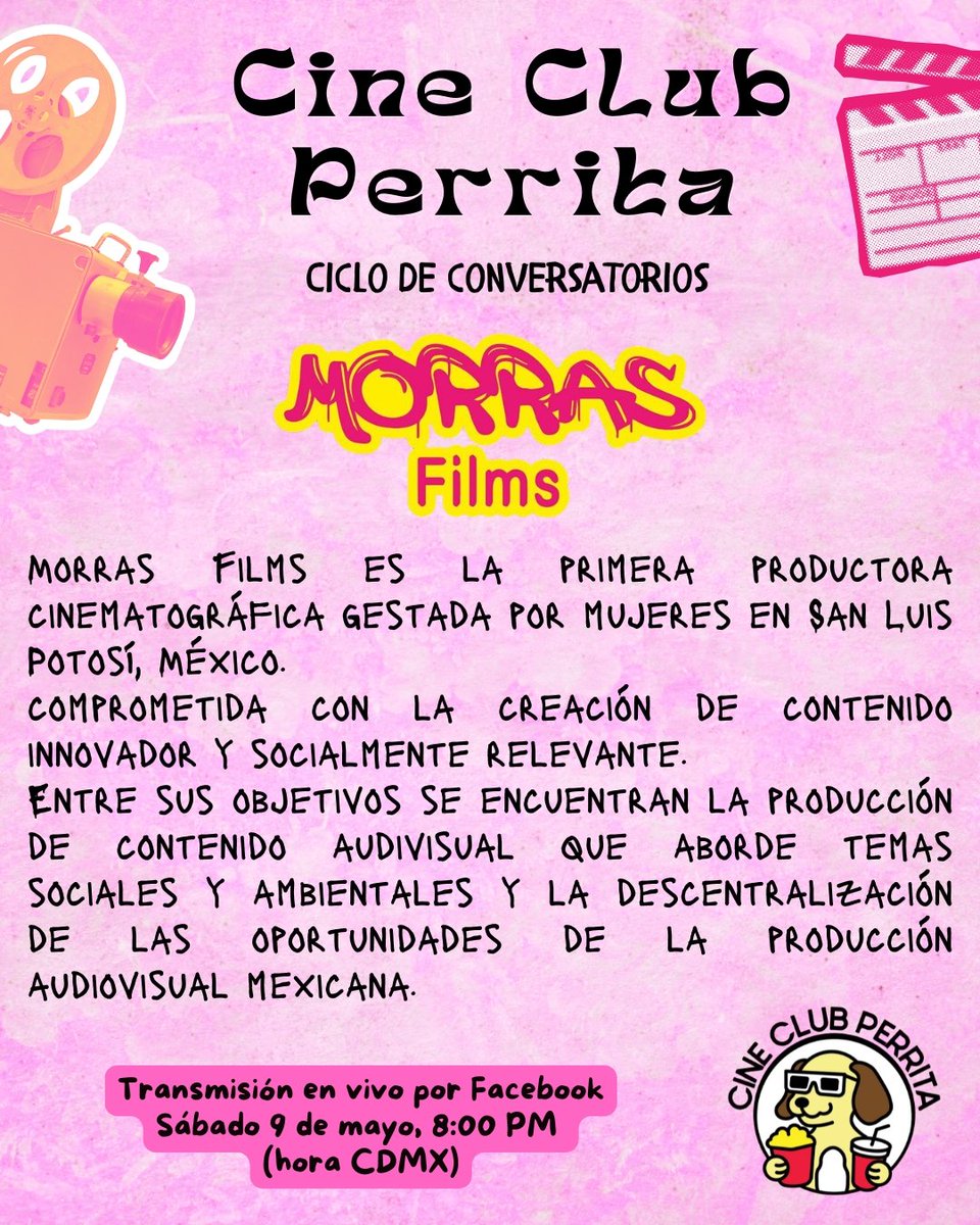 OjoVerite's tweet photo. Les invito al conversatorio que llevaremos a cabo en nuestra página de Facebook: Cine Club Perrita, las invitadas en esta ocasión serán 'Morras Films'. 
Hoy a las 8:00 PM (hora CDMX). 

¡No se la pierdan! Estaremos leyendo sus comentarios y preguntas. 

(Sigan el proyecto en IG). https://t.co/CpJ38myumA