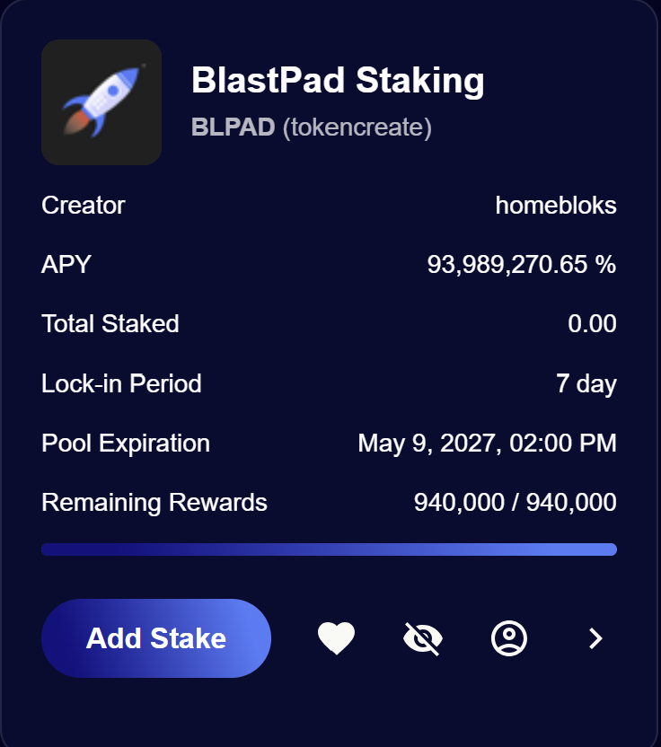 Blastpadxpr's tweet photo. A new $BLPAD staking pool created. 
It's good for another year. 
Keep on staking!!! 
Join the Bonus Pool for additional rewards! 
Create a token on the @XPRNetwork 
And Airdrop them using filters so qualifying users can claim. https://t.co/9QNfnJ5X0P
