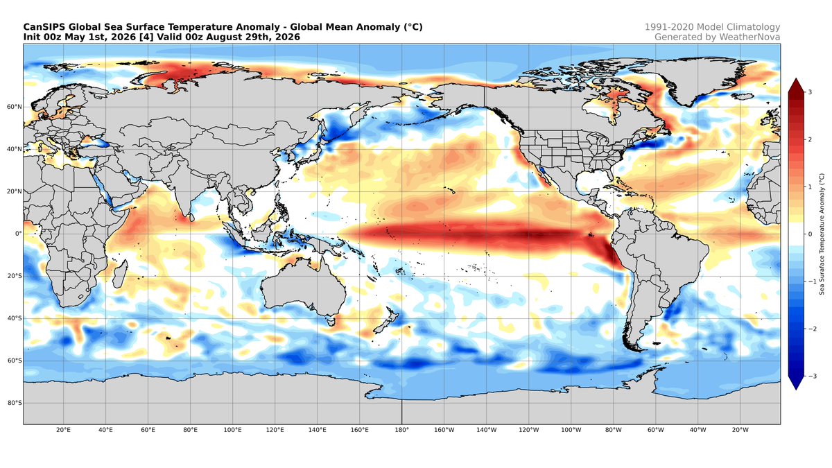 KacperWx's tweet photo. As hurricane season approaches, it's becoming certain a powerful El Niño phase is coming. New CanSIPS forecast for Aug rel. to 1991-2020 mean depicts textbook +ENSO config in the tropics. Even w/ global mean removed, Niño3.4 is about +2.0C! Big thanks @CosmicScout_ for the plots! https://t.co/QqfpSl9kK5