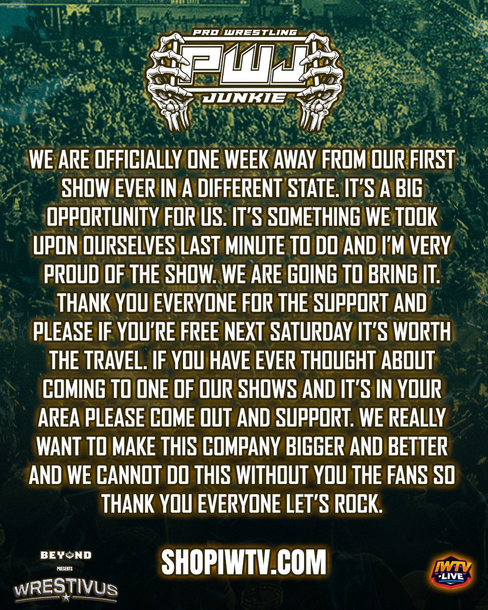 PWJCARDS's tweet photo. We are officially one week away from our first show ever in a different state. It’s a big opportunity for us. It’s something we took upon ourselves last minute to do and I’m very proud of the show. We are going to bring it. Thank you everyone for the support and please if you’re free next Saturday it’s worth the travel. If you have ever thought about coming to one of our shows and it’s in your area Please come out and support. We really want to make this company bigger and better and we cannot do this without you the fans so thank you everyone let’s rock.

TICKETS ARE AVAILABLE NOW https://t.co/VBfY3ebEqL