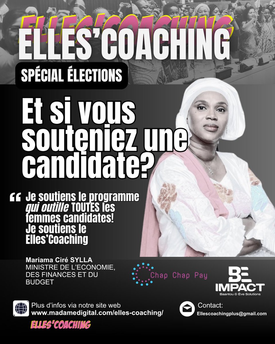 EllesCoaching's tweet photo. Nos sincères remerciements à Mme Mariama Cire Sylla, Ministre de l’Économie, des Finances et du Budget, pour son soutien au programme Elles’Coaching | Spécial #Élections.

Merci Mme la Ministre pour votre confiance et votre accompagnement !

#EllesCoaching 
#Guinee #Femmes https://t.co/x7ZySPuQhN