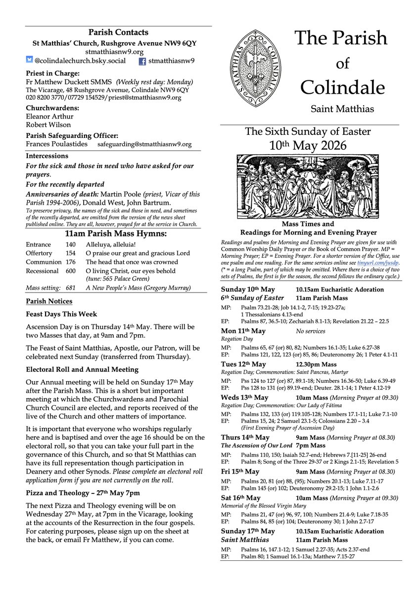 ChurchColindale's tweet photo. Jesus promises the Spirit of Truth, who will guide the disciples into all truth as they abide in the love of the Father and the Son. Parish Mass for the Sixth Sunday of Easter 11am @ChurchColindale, all welcome! Also said Masses on Ascension Day (Thursday) at 9am and 7pm. https://t.co/zeKMLH3zEE