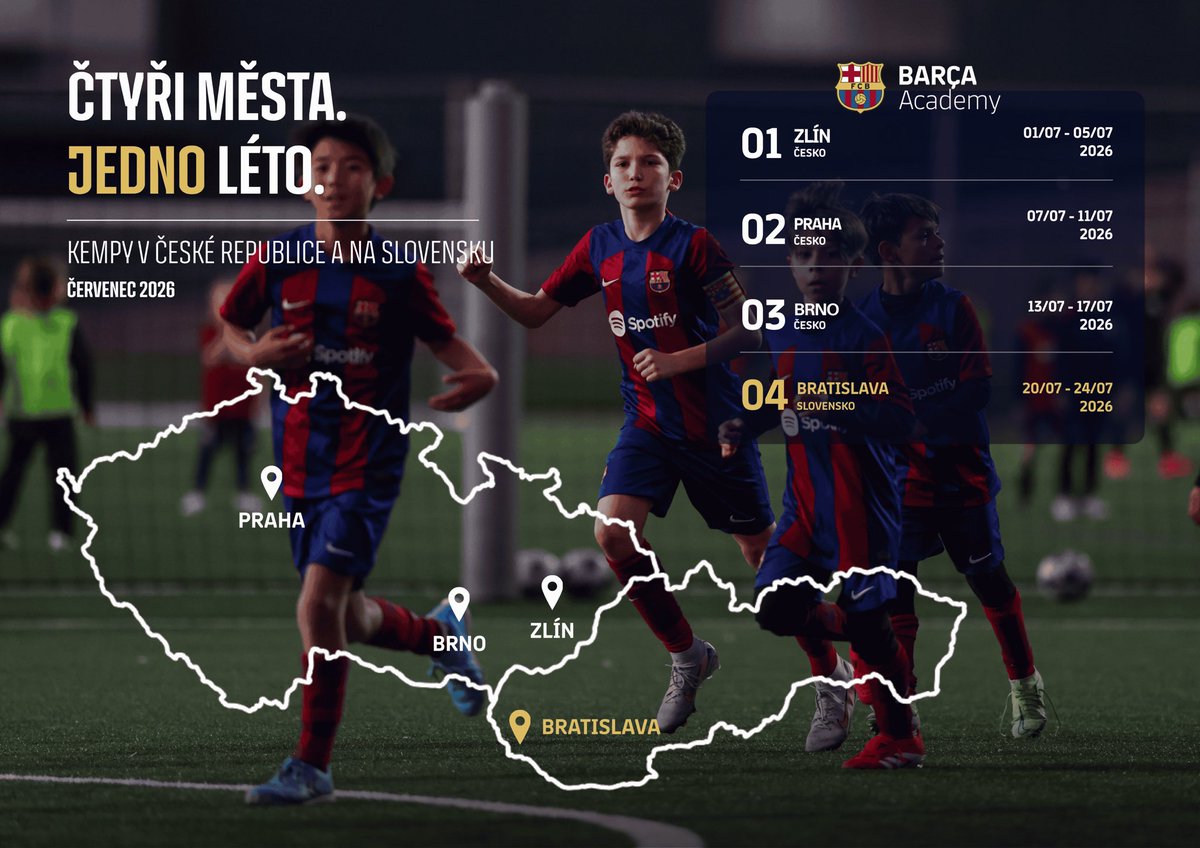 tomasklecka's tweet photo. Barça Academy Camps poprvé míří do České republiky a na Slovensko
 Oficiální program FC Barcelona se v létě 2026 uskuteční v Praze, Brně, Zlíně a Bratislavě. Tréninky povedou trenéři přímo z Barcelony. https://t.co/6flQDc6bcm