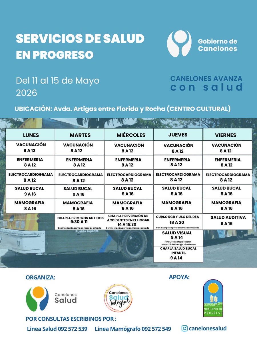 claucelo1's tweet photo. ✨MÓVIL DE SALUD✨ 

A partir del Lunes 11 de Mayo tendremos en nuestro espacio cultural el móvil de salud Canelones, los servicios que se brindarán están en el cronograma adjunto.

⚠️PARA TODO PÚBLICO SIN EXCEPCIÓN⚠️

📍Espscio Cultural 
🕰️ Hora 8:00
#MunicipioProgreso https://t.co/Xbvgk5QctI
