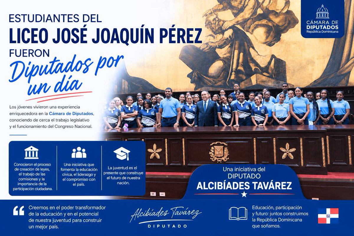 Alcibiadestava's tweet photo. Con mucha alegría recibimos en la Cámara de Diputados a los estudiantes del Liceo José Joaquín Pérez, quienes vivieron la experiencia de ser diputados por un día.
Fue un honor compartir con jóvenes llenos de sueños, inquietudes y deseos de aprender sobre el funcionamiento https://t.co/mogvzzyuwb