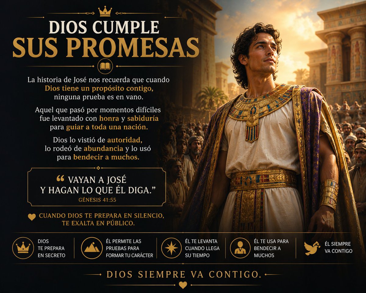 DiosConmigo_dar's tweet photo. Dios nunca desperdicia una prueba. 🙏

José pasó del dolor a la honra,
del silencio al propósito,
de la prisión al palacio. 👑✨
Cuando Dios tiene un plan contigo,
nadie puede detenerlo.
📖 “Vayan a José y hagan lo que él diga.” — Génesis 41

#DiosConmigo #HistoriaDeJosé #Fe https://t.co/nDOw7lV07Z