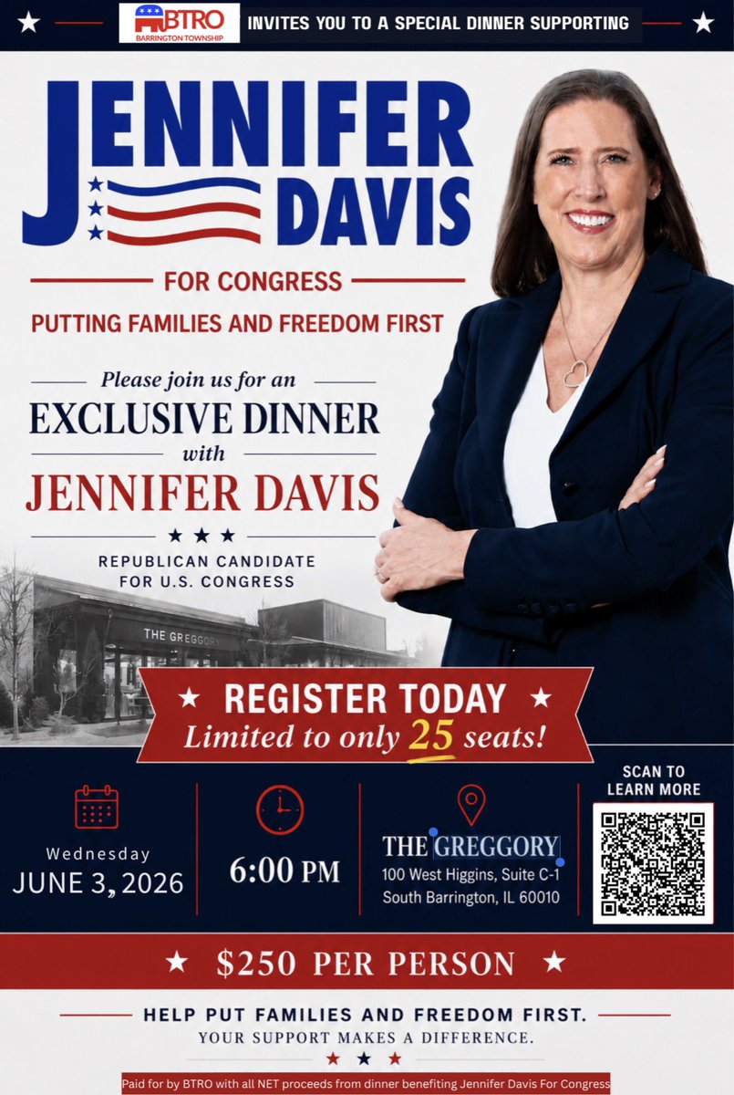 tryii's tweet photo. We have an opportunity to win a Congressional seat right here in our own backyard. Join Barrington Township Republican Organization for a very private full steak dinner with our Republican nominee Jennifer Davis for Congress ! Register today before we sell out! https://t.co/zeYyJxXgIq