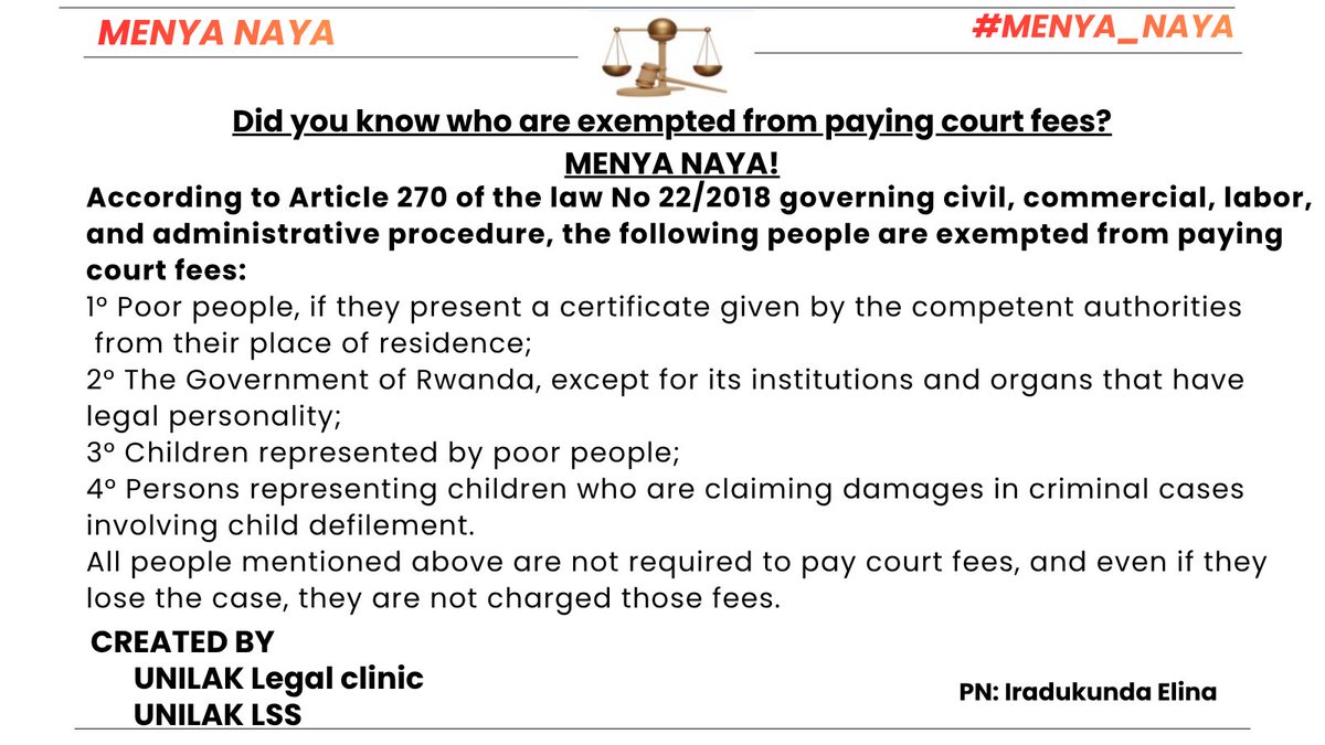 Llegalclinic's tweet photo. Ese waba uzi abantu basonerwa gutanga ingwate y’amagarama abaribo?
————————————————————
Did you know who are exempted from paying court fees? @MenyaNaya @UNILAK_LSS @unilaksu_nyanza @Adrclubunilak1 @unilak_rwanda https://t.co/vwiYew9S62