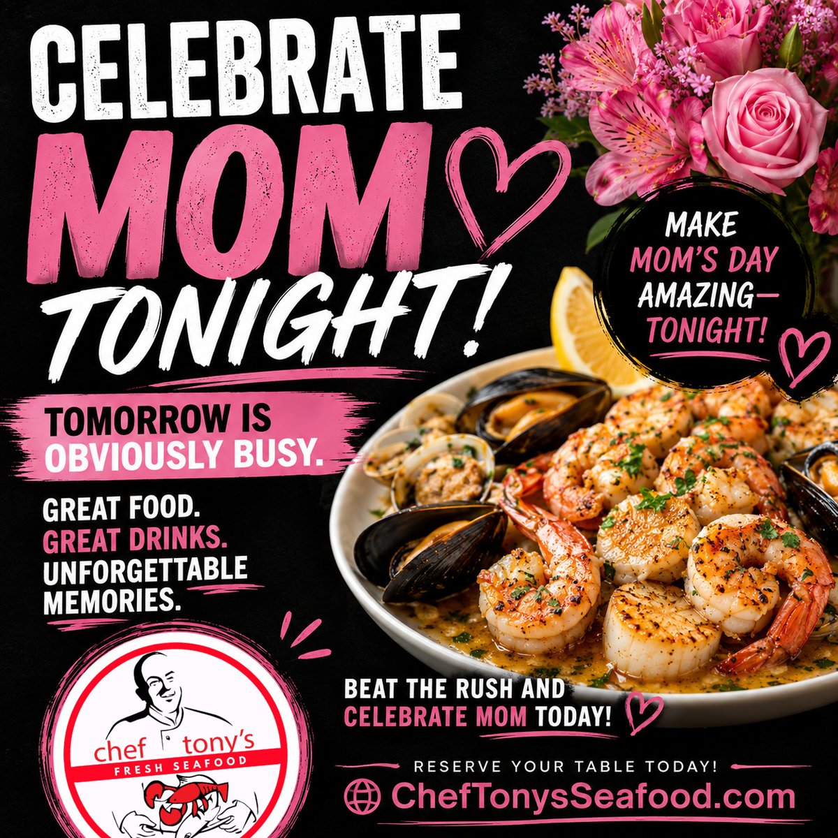 Tonight’s the night to celebrate Mom before the Mother’s Day rush tomorrow 🌸🦞🍷

Fresh seafood, cocktails, desserts, and a relaxing night out with family at Chef Tony’s Seafood

Make memories tonight ❤️
Reservations recommended.

#MothersDay #RockvilleMD #SeafoodDinner