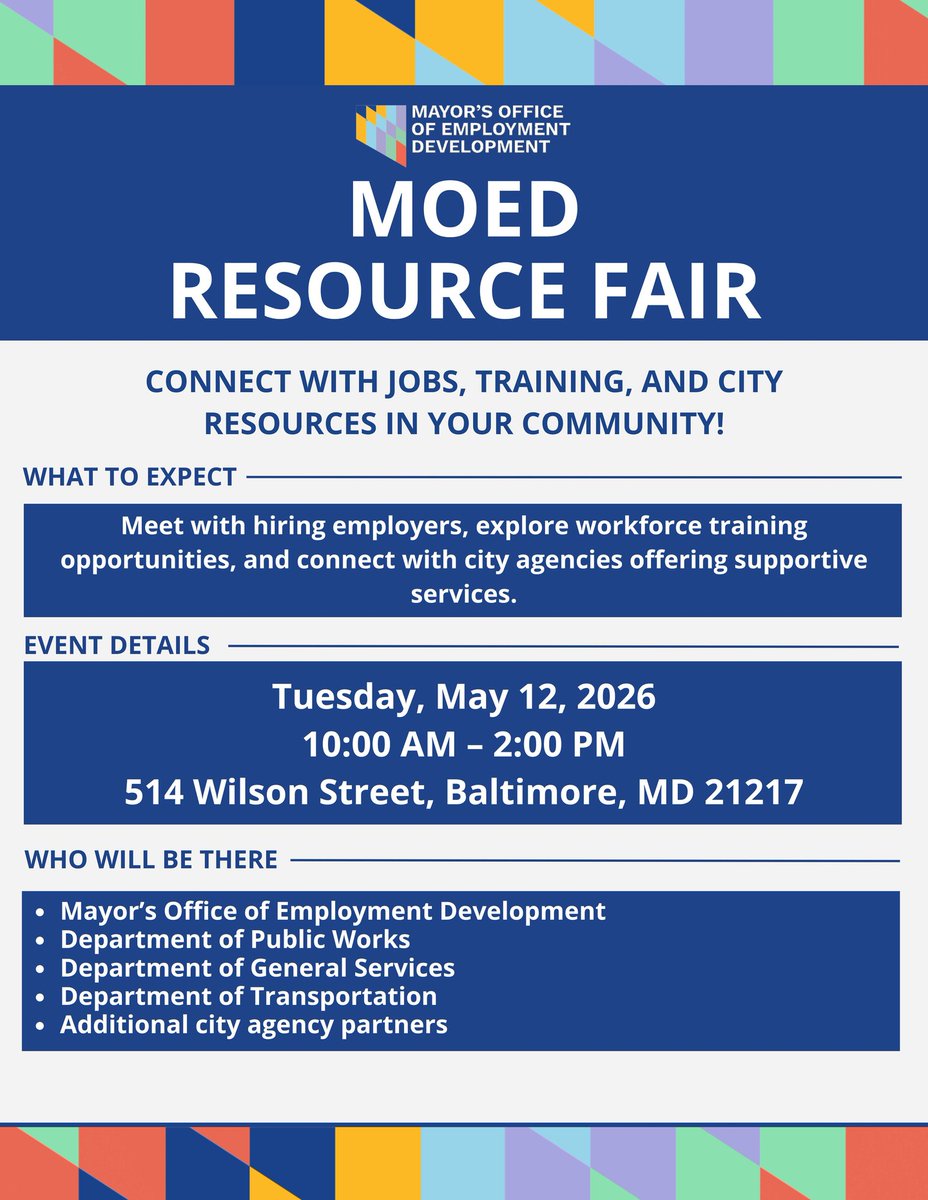 JobsBaltimore_'s tweet photo. Baltimore, join us for our upcoming resource fair! If you need training, support services, and information on employers hiring now -- come out! 🤩

🗓️ May 12
🕙 10am to 2pm
📍514 Wilson St. https://t.co/m8lgHmTwKz
