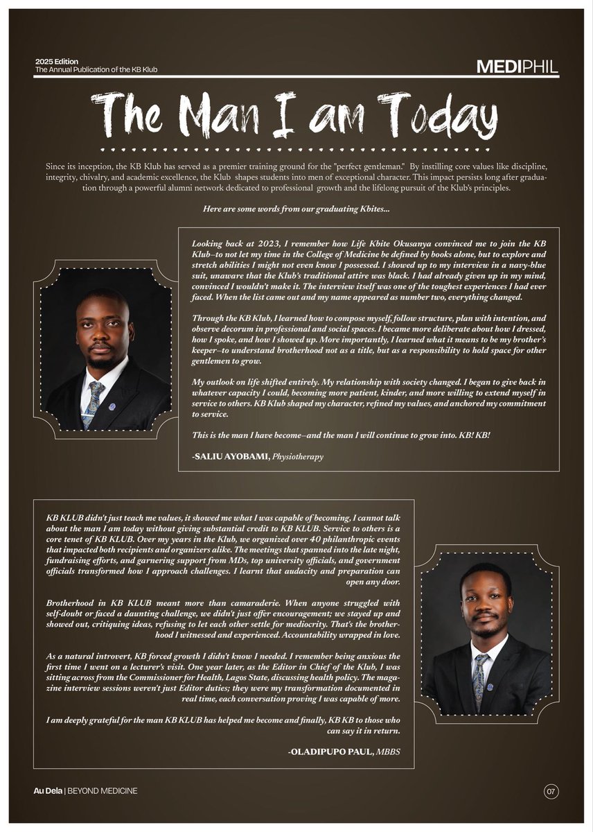 KBKLUB's tweet photo. “The Man I Am Today.”

MediPhil’25 captures powerful stories of growth, brotherhood and transformation through the voices of KBites whose journeys continue to inspire.

Each excerpt is a reflection of the impact, values and legacy of the KB Klub.

The MediPhil’25 is almost here https://t.co/TFHjZ5BGBy