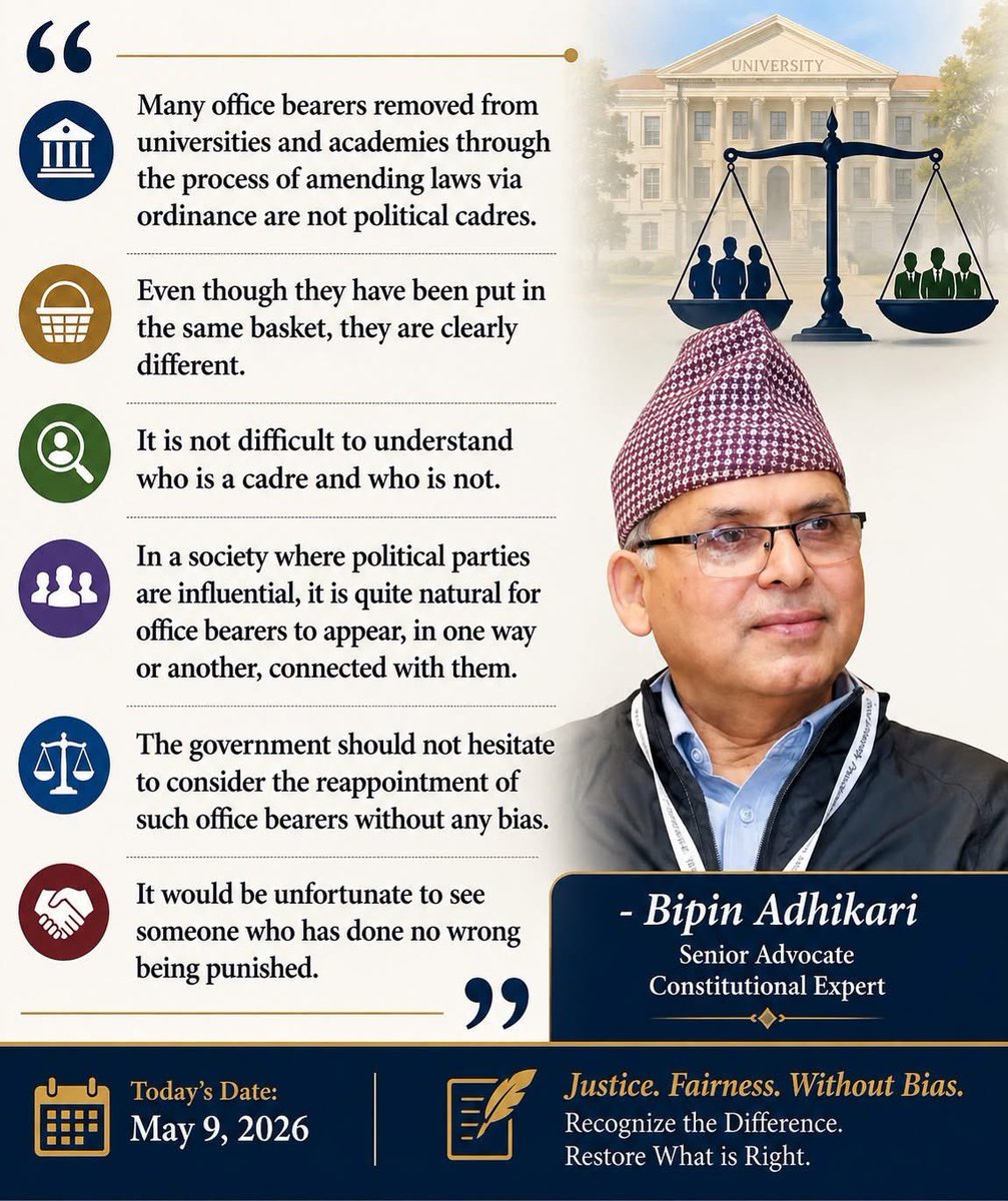 anandanepali99's tweet photo. “अध्यादेशमार्फत कानून संशोधन प्रक्रियाबाट विश्वविद्यालय तथा प्रतिष्ठानहरूबाट मुक्त गरिएका धेरै पदाधिकारीहरू राजनीतिक कार्यकर्ता होइनन्। एउटै घानमा परे पनि उनीहरू स्पष्ट रूपमा फरक देखिन्छन्। कार्यकर्ता को हुन्, को होइनन् भन्ने बुझ्न गाह्रो छैन। राजनीतिक दलहरू प्रभावशाली भएको समाजमा पदाधिकारीहरू प्रकारान्तरले उनीहरूसँग जोडिएको देखिन जानु एकदमै स्वाभाविक हो। सरकारले कुनै पक्षपात नगरी त्यस्ता पदाधिकारीहरूको पुनर्नियुक्तिका बारेमा सोच्न हिचकिचाउनु हुँदैन। जो गलत होइन, उसले सजाय पाएको देखिनु दुःखद हुनेछ।”-डा विपिन अधिकारी (@BipinLAW ) , वरिष्ठ संवैधानिक विशेषज्ञ, नीति विश्लेषक, काठमाण्डौ युनिभर्सिटी स्कूल अफ लमा कानूनका प्राध्यापक र संस्थापक डीन