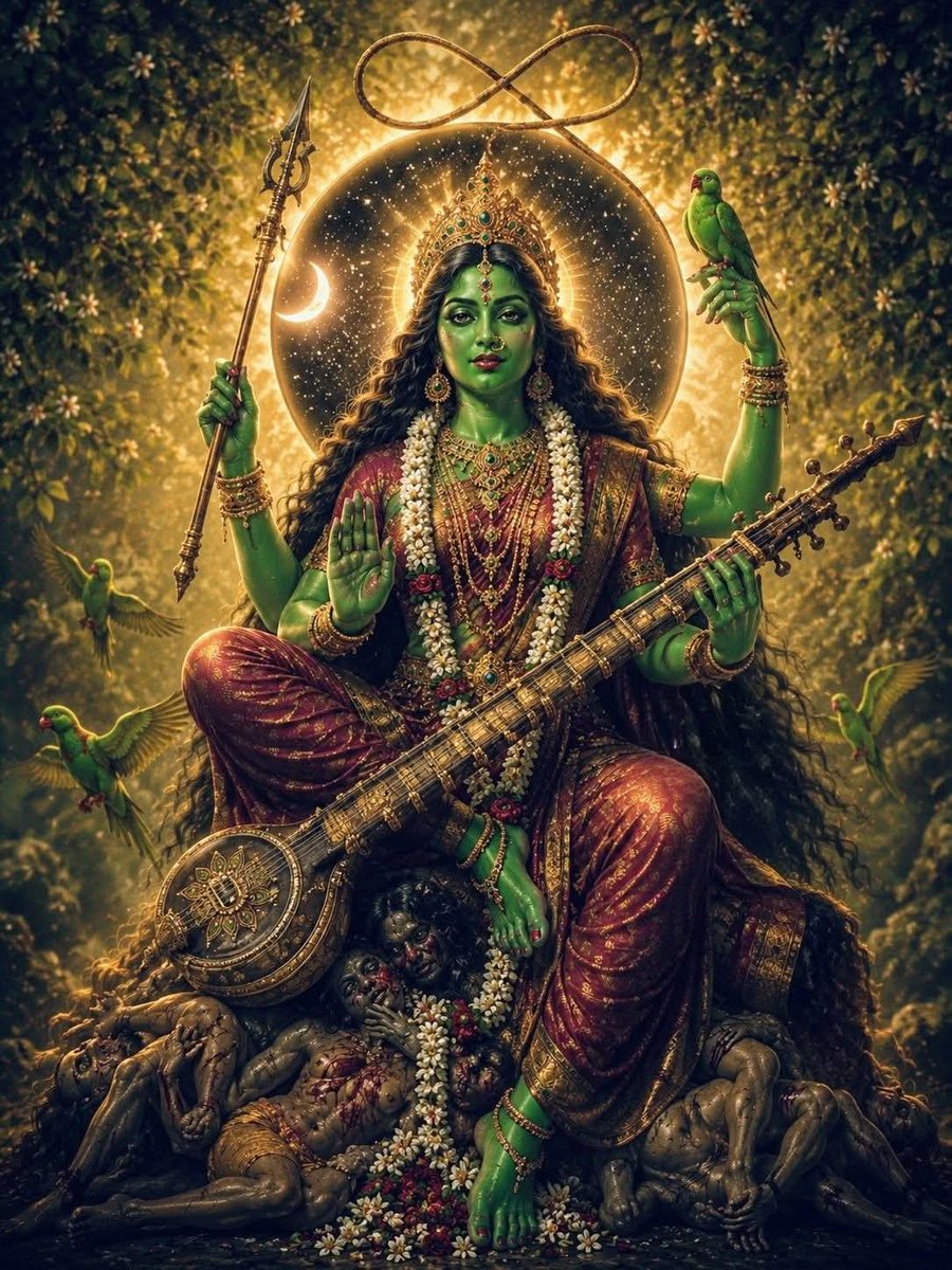 ASingh0404's tweet photo. Devi Matangi is one of the mysterious and deeply revered forms among the Mahavidyas, embodying the power of speech, wisdom, music, and transcendence beyond social boundaries. 

Often associated with unconventional paths and the acceptance of what society rejects, 

Matangi teaches that divine consciousness exists equally in all aspects of life, beyond notions of purity and impurity. 

She is frequently depicted with a veena, symbolizing mastery over sound, language, creativity, and the hidden vibrations of the universe. 

As the Tantric form connected to inner knowledge and expression, Devi Matangi blesses devotees with eloquence, artistic inspiration, spiritual insight, and the ability to transform lower energies into wisdom. 

Her worship reveals the profound truth that true enlightenment arises when one transcends ego, limitation, and societal conditioning, embracing the divine presence within every form of existence.

Devi Matangi ji 🙌🏼🪔