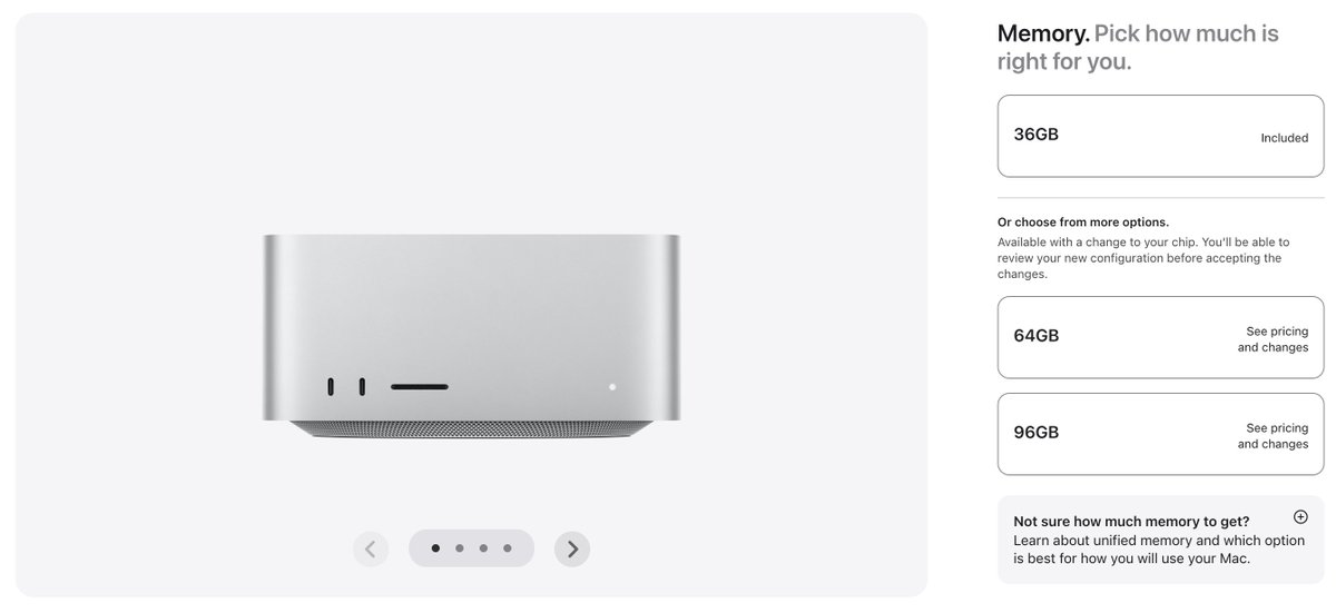 robertogonzalva's tweet photo. RAM demand is massive.

Apple is significantly reducing the unified memory options on its devices. A few days ago I configured a Mac Studio with 256GB of unified memory. Today I went back, and now the maximum is 96GB.

You can check it yourself: https://t.co/6PaJ7FiY0S https://t.co/l40RHN1dAH