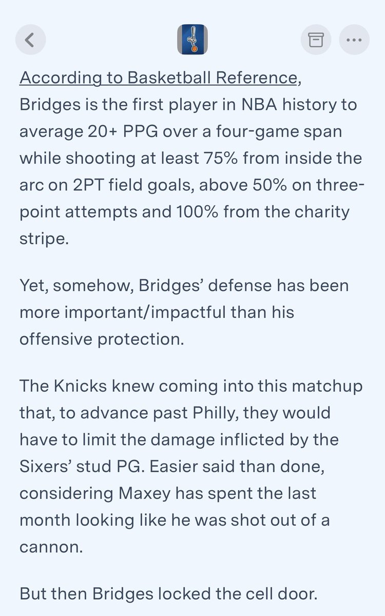 Per NBA tracking data, in the 105 possessions in which Mikal Bridges has been the primary defender on Tyrese Maxey over the first three games of this series, Maxey has scored a total of 10 points and has more turnovers (8) than assists (5) or made FGs (5).

To put those numbers