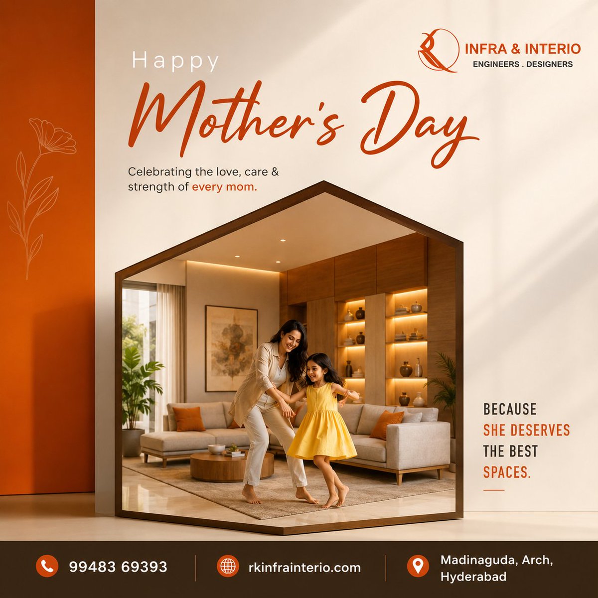 RKInfraDesign's tweet photo. A home is not just walls and furniture — it’s where a mother creates warmth, love, and memories that last forever. 

Happy Mother’s Day to every amazing mom out there. 
RK Infra &amp; Interior – Engineers &amp; Designers
99483 69393
https://t.co/tYdMOR4bGY
#MothersDay https://t.co/afEue9ouD6
