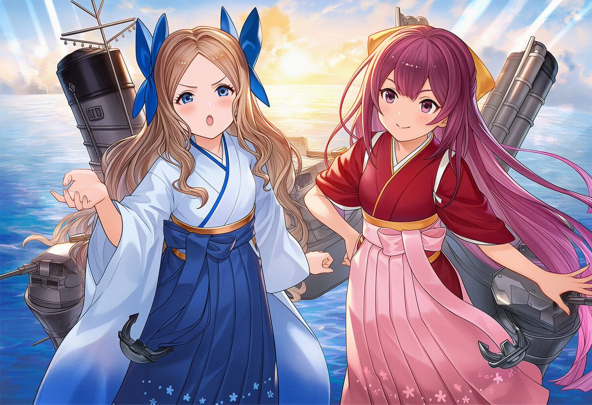 朝風(艦これ) ,神風(艦これ) 「神風と朝風 艤装込みなので巡回中と思われ pixivにもうちょいあります #AI」|ISUCA401@PSO2_ship2のイラスト
