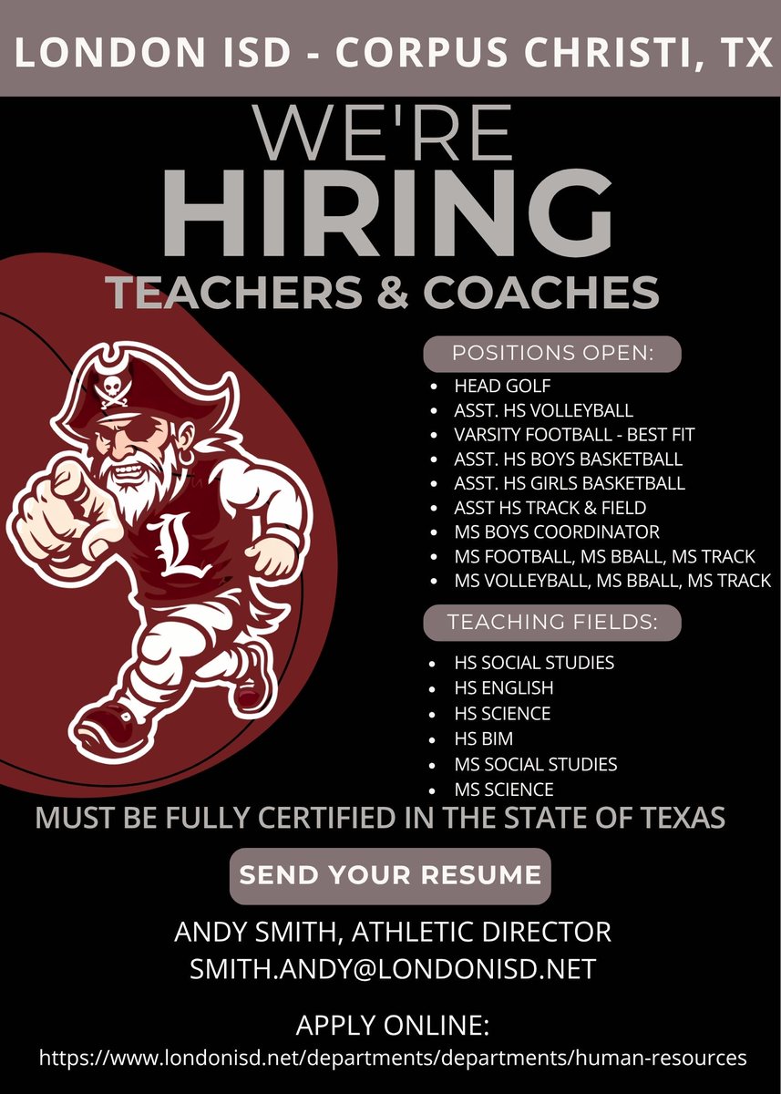 CoachSmith_A61's tweet photo. London ISD-Corpus Christi, TX    

We have several Teaching &amp; Coaching positions available. These are new additions to our staff as we grow from 3A to 4A.     

Resumes:
Andy Smith
smith.andy@londonisd.net 

Apply online:
https://t.co/878x39lMn8
@Matt_Stepp817 @Dr_Chap_LISD https://t.co/m1FBsxv8Cw