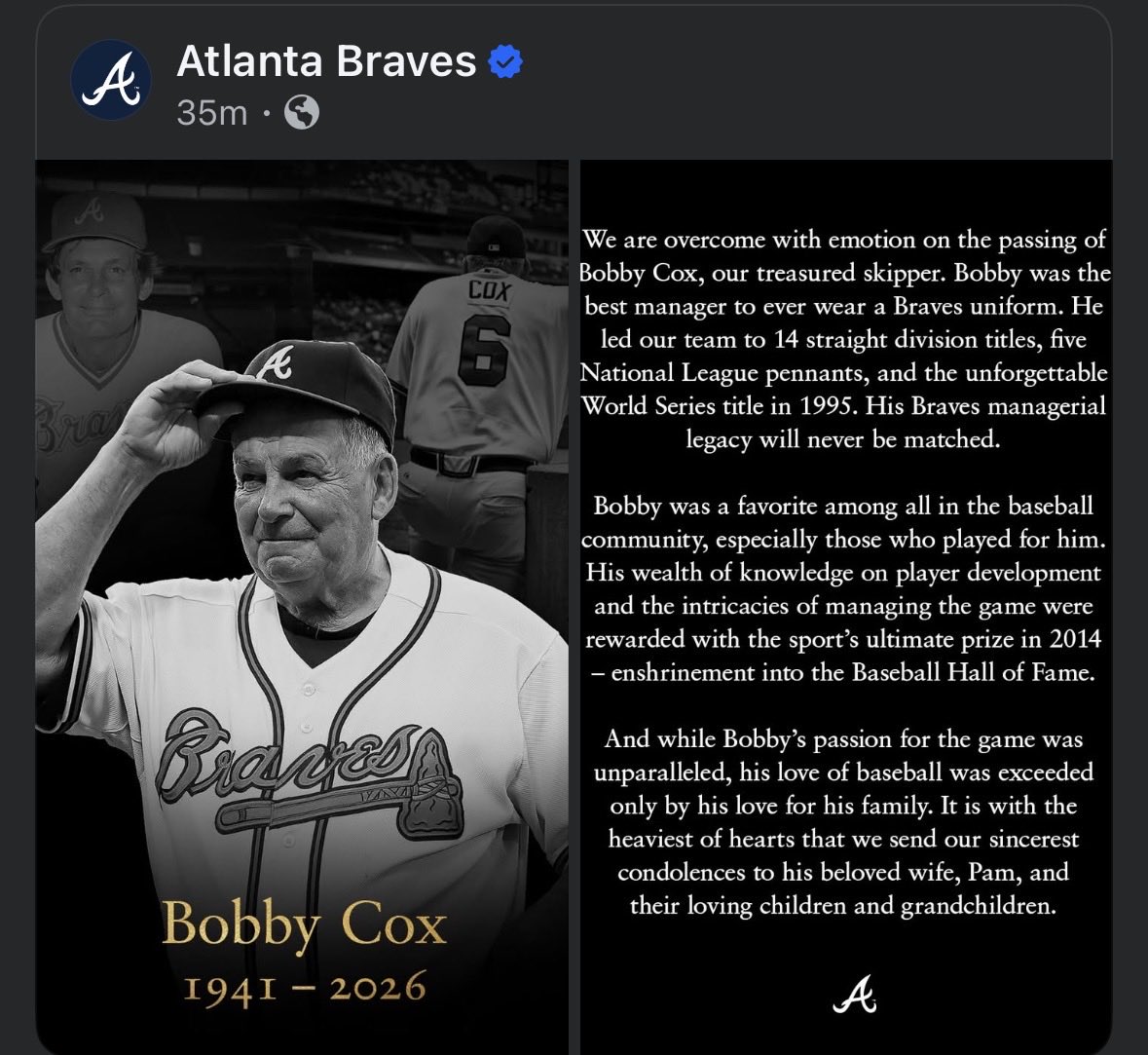 CajunPacker's tweet photo. The Skipper has passed away. This man was truly the heart and souls of the Braves. We will miss you Bobby!!
@Braves https://t.co/KsRMC0KlMD