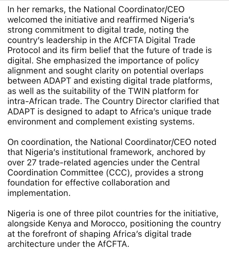 kurt_tangle's tweet photo. I wanted to find something like the below post by the Kenyan 🇰🇪 government and I just discovered I missed this cracking update from @AfCFTANG (Nigeria 🇳🇬 Afcfta Coordination Office) on their latest meeting with @InstituteGC “and the rollout of #ADAPT… through #TWIN”
#IOTA https://t.co/ozK1e42Iv8