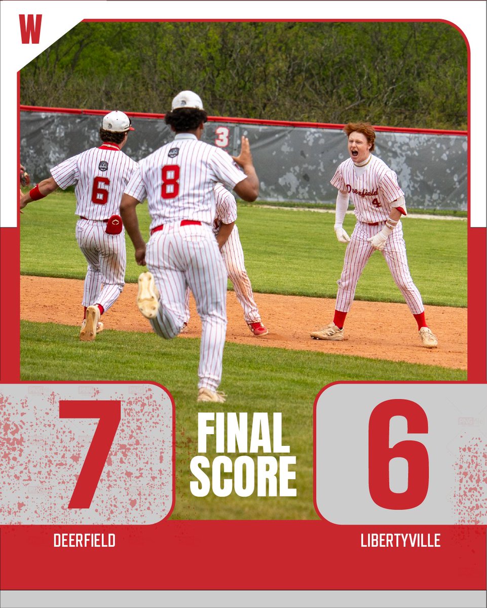 2020DHSBaseball's tweet photo. FINAL: Deerfield 7 | Libertyville 6

Record: 8-17

@alexedgar24 with the walk-off in B7 to score @JackAgran 

Solid outing from SP @Will_Swender. Geren able to hold things together over the final 1.2 innings

@chasegolding05 with an RBI double and his 5th HR of the spring! https://t.co/eOrTCEs9xC