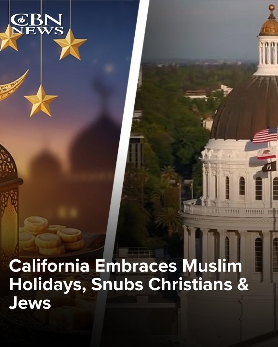 CBNNews's tweet photo. Catering to Shariah law?  A California Assembly committee has advanced a bill to make Muslim holidays Eid al-Fitr and Eid al-Adha official state holidays. At the same moment, a University of Michigan professor is facing backlash for praising Palestinian activists — and specifically pro-Hamas protesters — in a commencement address. 

Rabbi Michael Barclay, a widely read columnist, points out that California has never granted state holiday status to any other religion. "But now they are suddenly cow-towing and catering to what is effectively Shariah law," he says. "It's a horrible statement about California and about politicians who are pandering for money or votes from the Islamic community." 

WATCH: https://t.co/stu5zjA9no