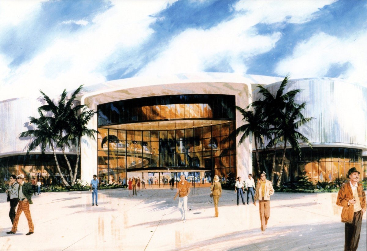 Concept art for the exterior of the World of Motion pavilion at Epcot Center.
