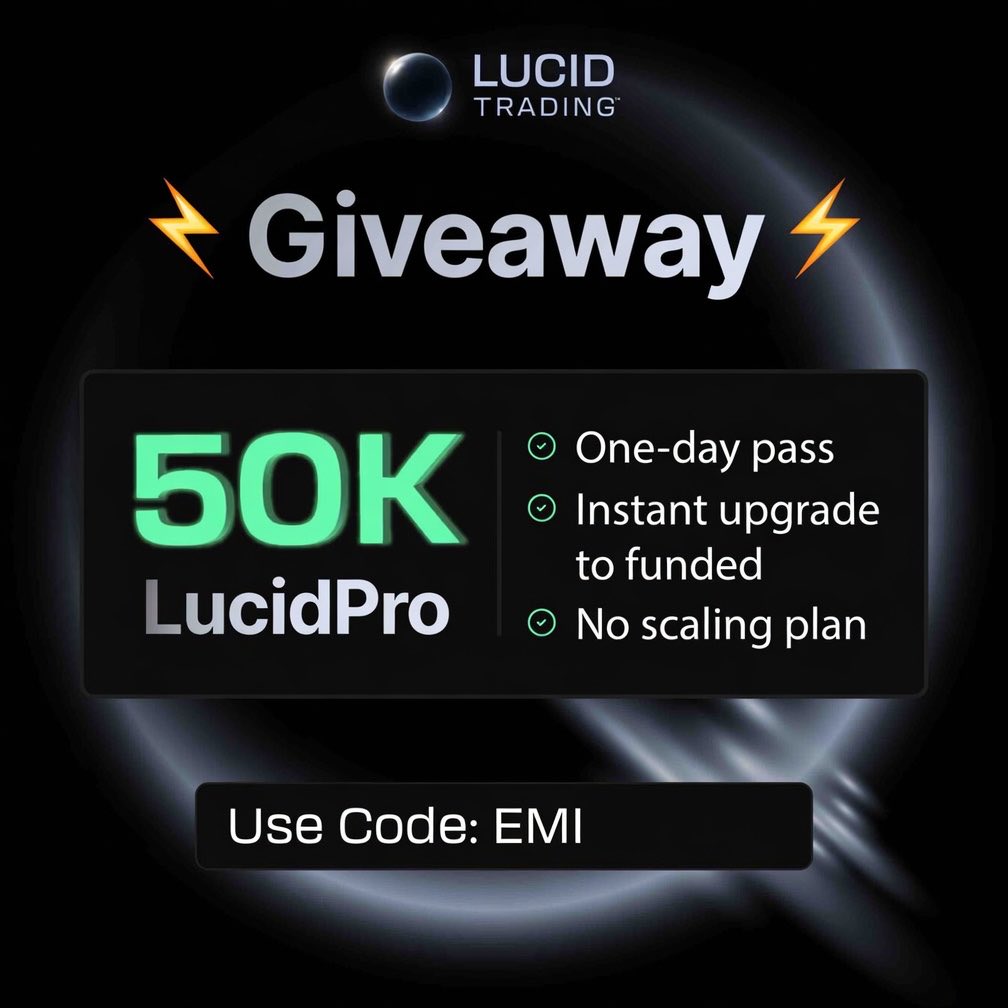 If you’re into fullporting CPI, I got you🤝
50K Pro Lucid eval giveaway

1. Follow me and <a href="/TradingLucid/">Lucid Trading</a> 
2. Like and Repost

I’m so happy to be able to do these giveaways, love you all 🫶

If you plan to do the CPI method, use code EMI for good luck 🍀 

Ends Monday 5/11 after