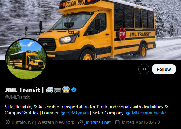 JoeMLyman's tweet photo. Hey, have you heard the news??
@JMLCommunicate a sister company, @JMLTransit.
Go follow JML Transit today!!!
#Buffalo #WNY #BuffaloBusiness #StartupNY #SmallBusiness #SupportLocal716 https://t.co/73KqdNb32t