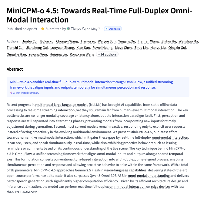 MiniCPM-o 4.5

Towards Real-Time Full-Duplex Omni-Modal Interaction

paper: https://t.co/wO3yzw0c2o