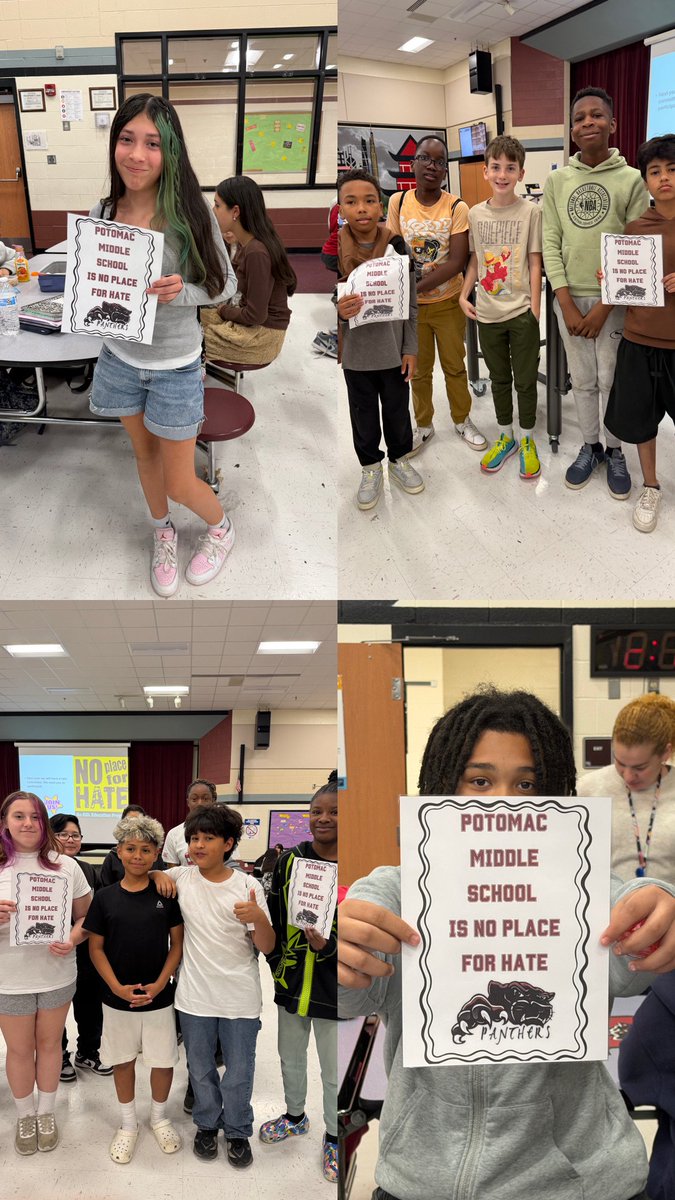 PotomacMS's tweet photo. Yesterday, No Place for Hate hosted our Cyberbullying Contest at lunch! 💙 Students signed the pledge, played games, and spread awareness about cyberbullying. The best part? Our amazing support shirts! 👕✨ Huge thanks to our incredible committee for making it a success. https://t.co/U9L7Zva9DE