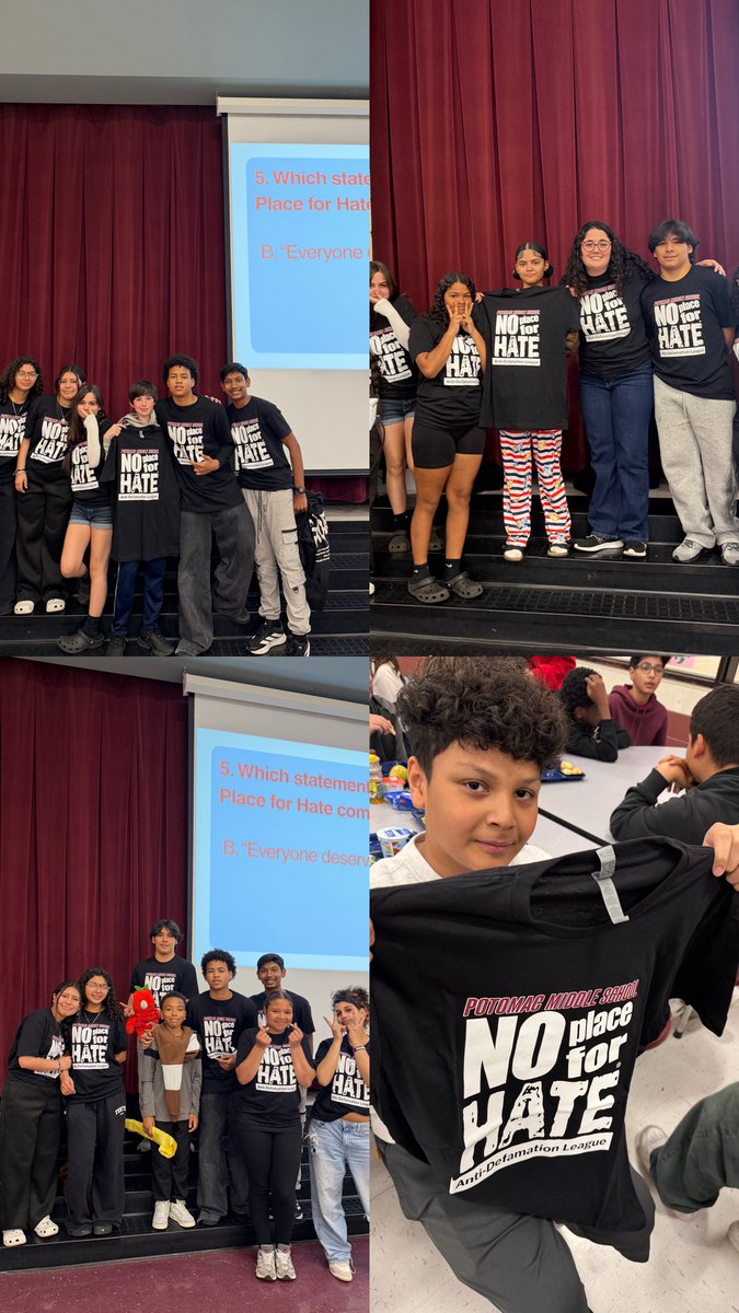 PotomacMS's tweet photo. Yesterday, No Place for Hate hosted our Cyberbullying Contest at lunch! 💙 Students signed the pledge, played games, and spread awareness about cyberbullying. The best part? Our amazing support shirts! 👕✨ Huge thanks to our incredible committee for making it a success. https://t.co/U9L7Zva9DE