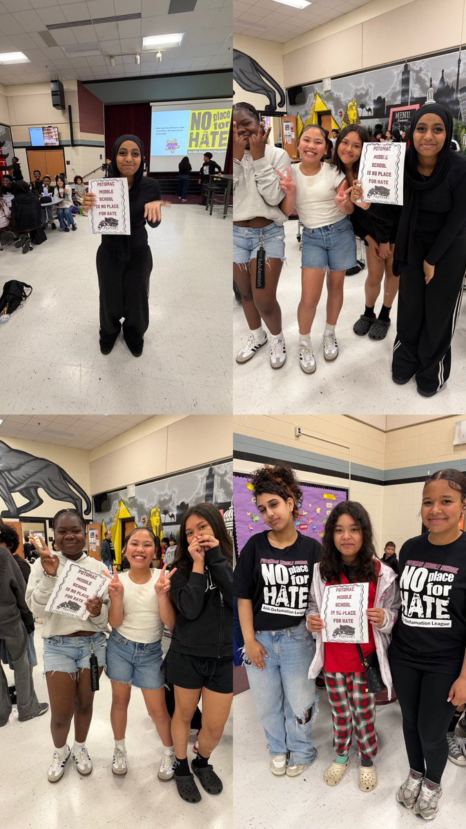 PotomacMS's tweet photo. Yesterday, No Place for Hate hosted our Cyberbullying Contest at lunch! 💙 Students signed the pledge, played games, and spread awareness about cyberbullying. The best part? Our amazing support shirts! 👕✨ Huge thanks to our incredible committee for making it a success. https://t.co/U9L7Zva9DE