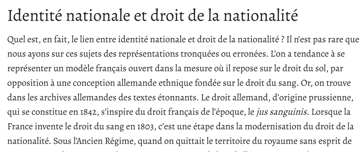 Minietanto's tweet photo. En 1803, on considérait que pour être français il fallait naitre d'un père français et que la nationalité se transmettait par le sang. 

Ceci dit dès le 16ème siècle, un jugement du Parlement de Paris a reconnu une fille née de parents français en Angleterre comme française.

L'existence de différents statuts / rapports à la nationalité française parmi les "français" eux-mêmes n'implique d'ailleurs en rien l'absence de distinction français-étrangers.

Il va falloir muscler votre jeu, vous êtes franchement ridicule.