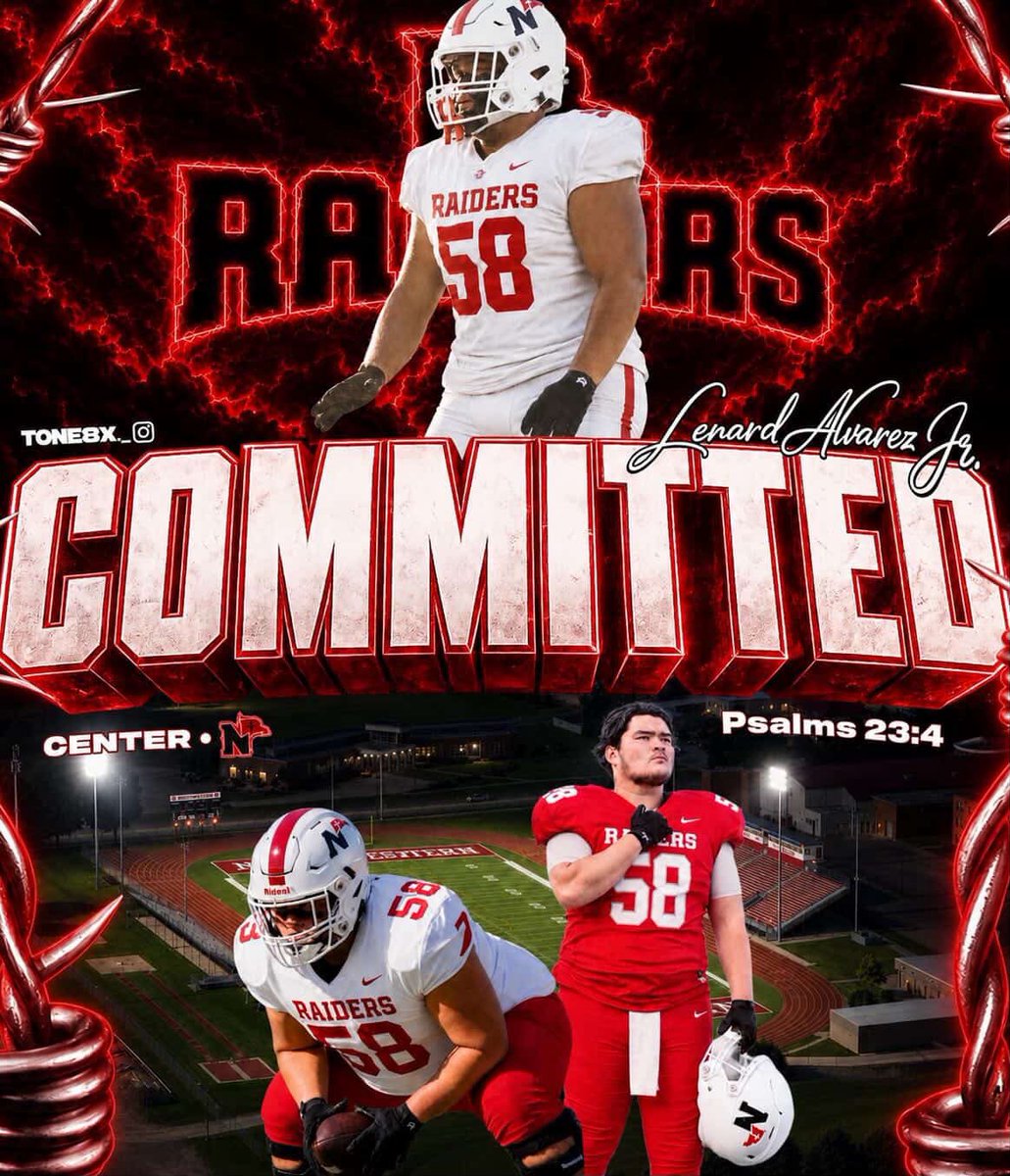 alvarez_lenard's tweet photo. AG2G I’m excited to announce that I will be Committing to Northwestern University to continue my Academic and Football Career. Go Raiders!!! @SJCC_Football @IamTDuran @coachjwink @sheffield_coach @nwc_fb @Coach_Fryar @coachmmmcc @CoachGregWill https://t.co/rFkpAFVoKQ