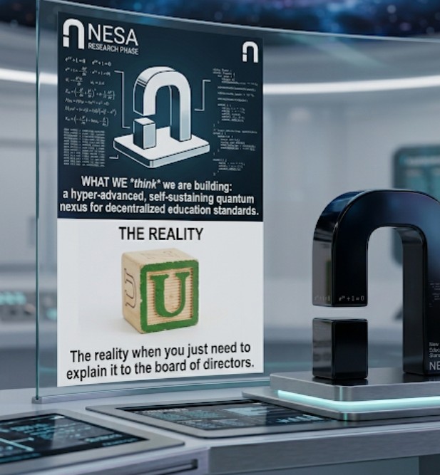 Building a quantum-powered educational nexus.
Reality: Here's a wooden block to explain it.
Our Research Phase is going exactly according to plan... maybe. 😅
<a href="/nesaorg/">Nesa</a>