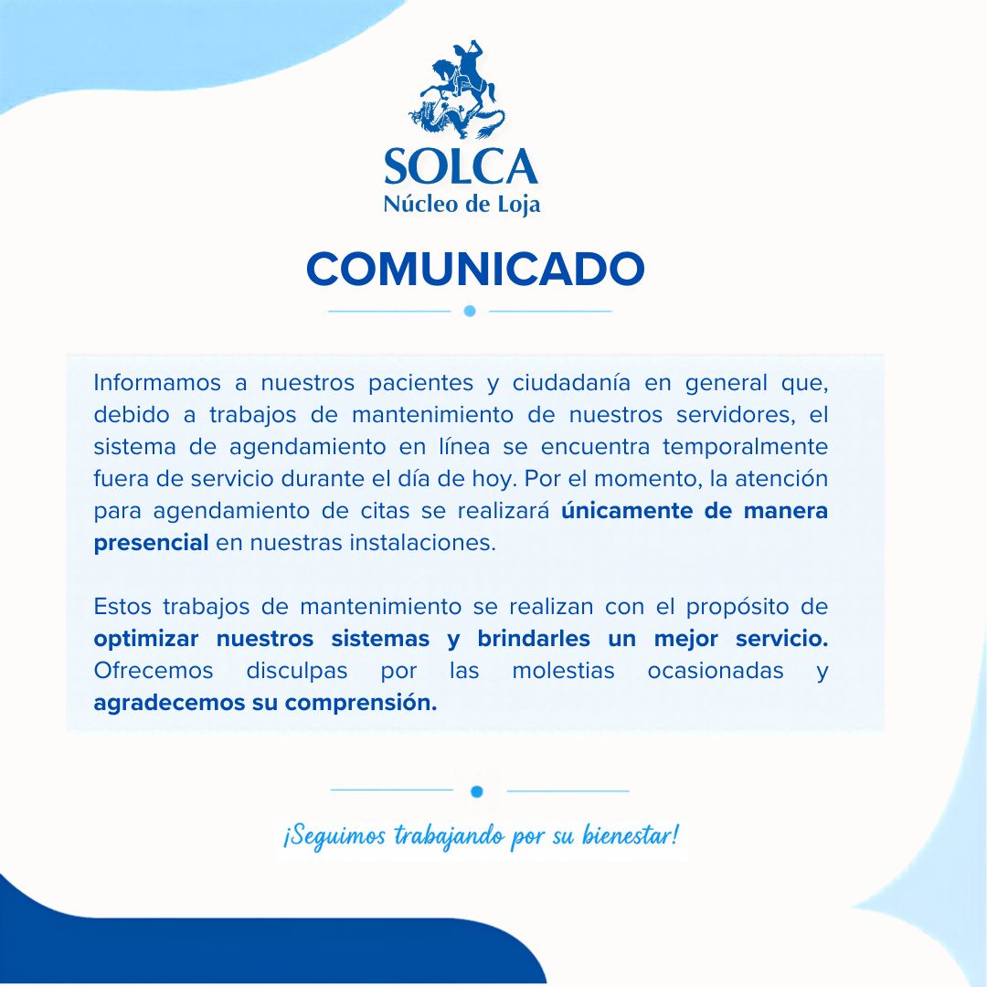 solca_loja's tweet photo. 📢 El servicio de agendamiento de citas médicas en línea ya se encuentra habilitado, luego de los trabajos de mantenimiento realizados en nuestros servidores.

👉 https://t.co/9sVzHiqs0u

Gracias por su comprensión y confianza. 💙

#SOLCALoja https://t.co/obEtonHAth