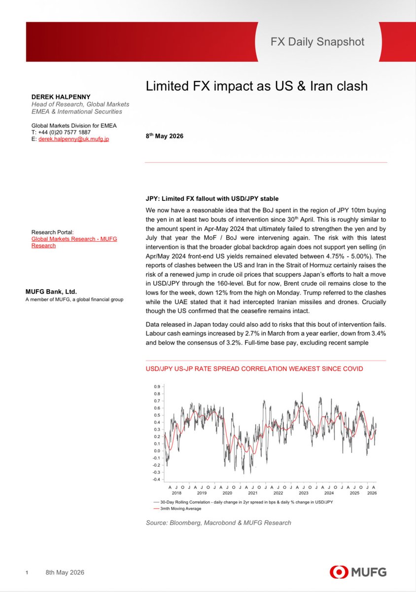 mxm_fn's tweet photo. Heute Morgen habe ich den FX Daily von Crédit Agricole und den FX Snapshot von MUFG gelesen. 
Beide beleuchten denselben Markt aus sehr unterschiedlichen Winkeln.

Valentin Marinov, Head of G10 FX Strategy bei CA-CIB, verwendet das Konzept des „USD Smile": Der Dollar performt in zwei Szenarien stark; entweder bei Risk-Off oder bei US-Wachstumsoutperformance. 

Aktuell bewegt er sich am Boden des Smiles, weil die Märkte auf einen Deal hoffen und Risk-On gespielt haben.

Marinov warnt aber: Der Markt könnte zu optimistisch sein. 
CA-CIB denkt, dass der sogenannte „TACO-Trade" (Trump Always Chickens Out) bereits eingepreist ist, die USD-Schwäche also schon drin ist. 
Sollte der Deal platzen oder der Trump-Xi-Gipfel neue Spannungen bringen (Trade Rebalancing, Sanktionsdurchsetzung gegen China), würde der Dollar erheblichen Upside-Raum zurückgewinnen.

Außerdem: Auch wenn NFP stark war, Fed Governor Lisa Cook bekräftigte laut, dass die aktuelle leicht restriktive Haltung der Fed angemessen sei. 
Das stützt den USD über den Zinskanal.

Derek Halpenny von MUFG schreibt, dass die BoJ seit dem 30. April schätzungsweise 10 Billionen Yen ausgegeben hat, um den Yen zu stützen ähnlich wie in April/Mai 2024. 
Und wie damals: Die Intervention könnte scheitern, weil das globale Umfeld Yen-Verkäufe nicht bestraft.

Entscheidend aus MUFG's Sicht: Die Korrelation zwischen USD/JPY und dem US-JP-Zinsspread ist auf dem schwächsten Stand seit COVID. 
Das bedeutet: klassische Rate-Spread-Modelle funktionieren gerade nicht. 
Der JPY wird primär durch Geopolitik und Ölpreise bewegt, nicht durch Zinsdifferentiale.

Halpenny's Szenario für JPY-Stärke: Mittlost-Deeskalation + hawkisheres BoJ-Signal (Junihike, 18bps aktuell eingepreist). 
Ohne beides bleibt die Intervention ein Pflaster.
