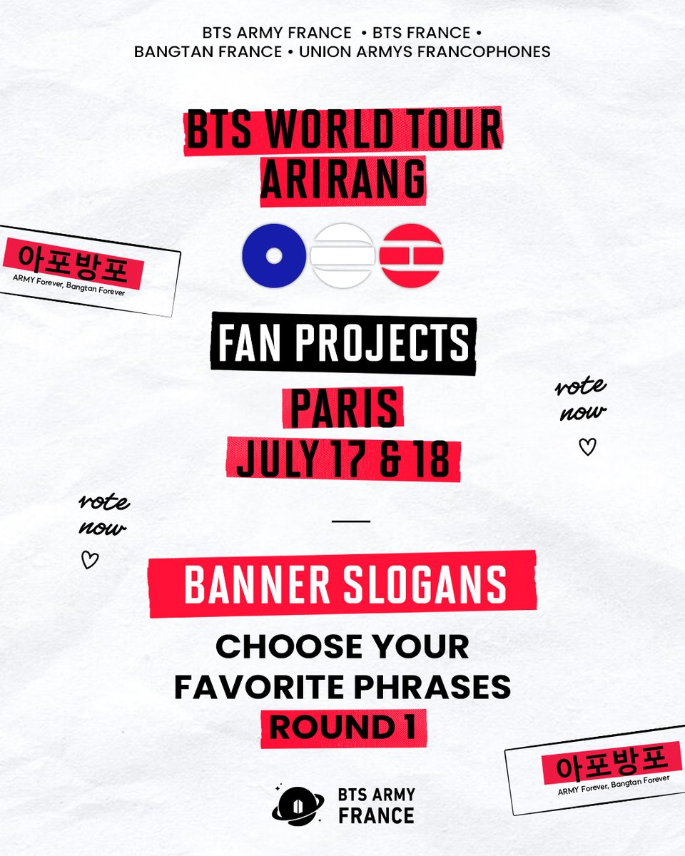 [<a href="/BTS_twt/">방탄소년단</a> x Concerts projects]

ARMY,

It is now time to choose the slogans that will be used for the banners of BTS concerts in Paris. 

We collected more than 300 suggestions and 63 were selected for this round. Take a look and vote for your 7 favorite slogans. 

🔗