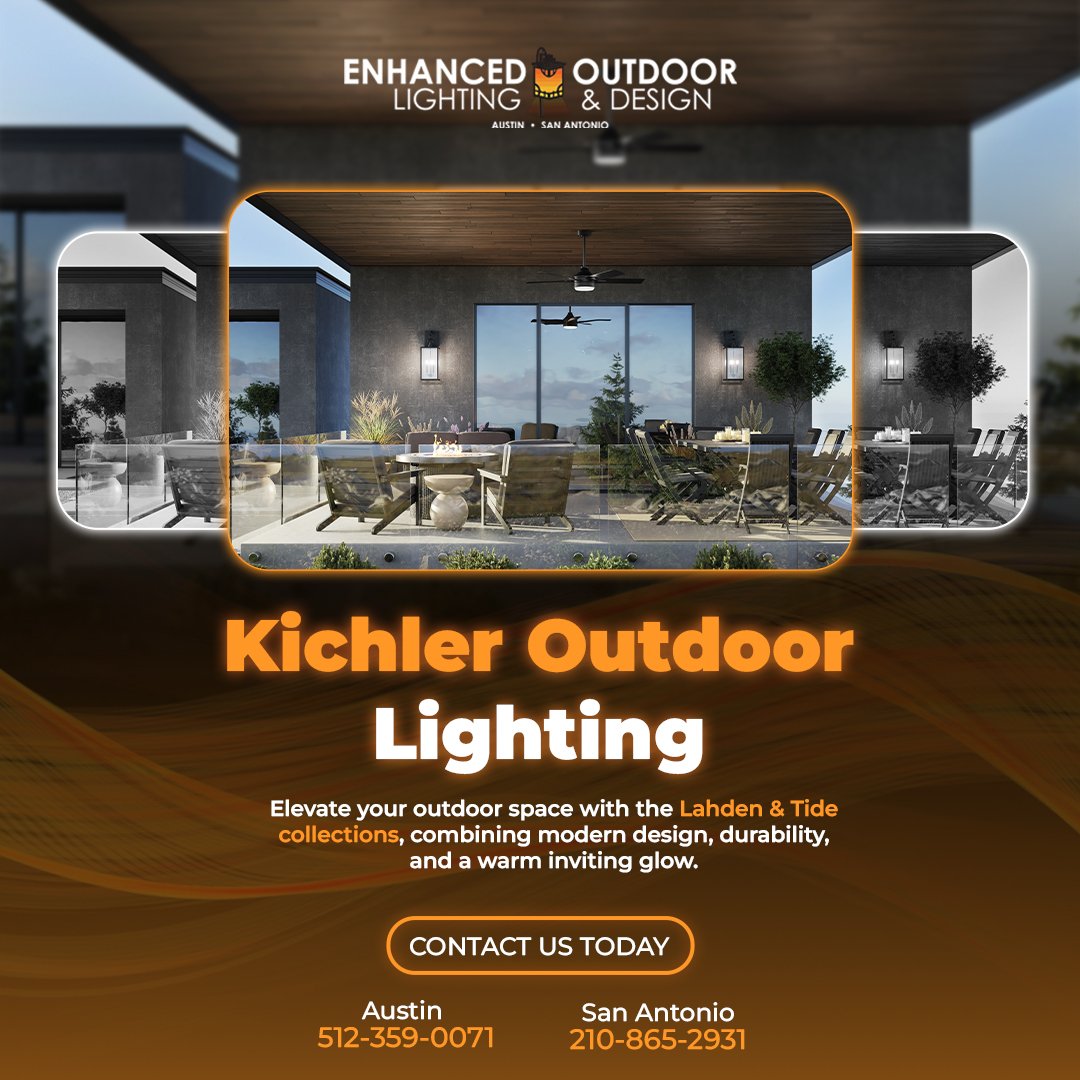 EnhancedLightTX's tweet photo. Elevate your patio with Kichler Lahden &amp; Tide lighting.
#KichlerLighting #PatioLighting #OutdoorLighting #ExteriorDesign #AustinTX #SanAntonioTX #LuxuryOutdoorLiving #LEDLighting https://t.co/4I1kNkUaaT