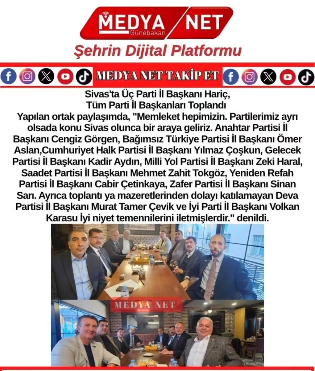 MilliYolSivas58's tweet photo. Sivas için siyaset üstü buluşma! 🤝 
Sivas'taki siyasi parti il başkanları, "Memleket hepimizin" mesajıyla bir araya gelerek birlik pozu verdi. Farklı görüşler, tek amaç: Sivas.
@milliyolgm
@RemziCayirMilli
@HaralZeki
#milliyolpartisi #remziçayır #milliyolsivas #zekiharal https://t.co/RKhXGf81zR