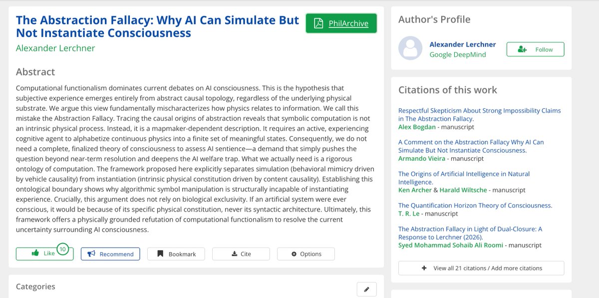 BIG NEWS: A senior scientist at Google DeepMind published a paper arguing AI will NEVER be conscious. Not in 10 years. Not in 100. Never.

It's called "The Abstraction Fallacy."

Written by Alexander Lerchner. The disclaimer says it doesn't reflect Google's views. You can see