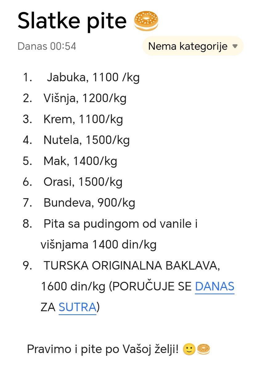 NOVO‼️
U PONUDI KUVANA JELA🥘🍲🥗 Moj muž dugogodišnji pekar i ja smo počeli da pravimo domaće pekarske proizvode. U ponudi je BUREK i BAKLAVA🙂 Ko je zainteresovan može slobodno da naruči direktnom porukom i da se raspita za cene. Volela bih da nastavite da nas retvitujete dalje