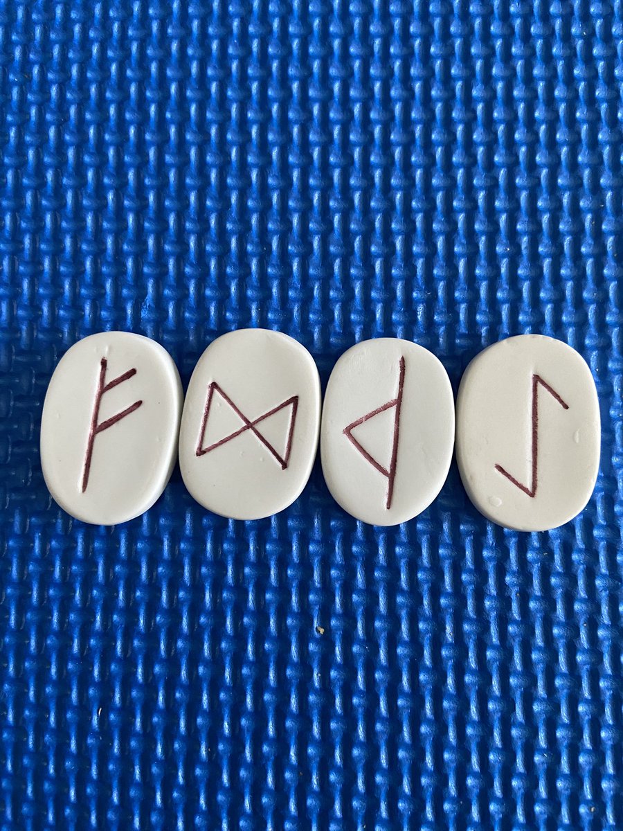 RhoSpiritual's tweet photo. Fehu – rune asking us to look into what we have gained &amp; shared.
Dagaz - rune is about transformation and change. 
Thurisaz – gateway is to step through however it is reversed thus non-action. 
Eihwaz – is suggesting to “proceed”. Are we avoiding it?
May transformations unfold! https://t.co/kmSy1xPngJ