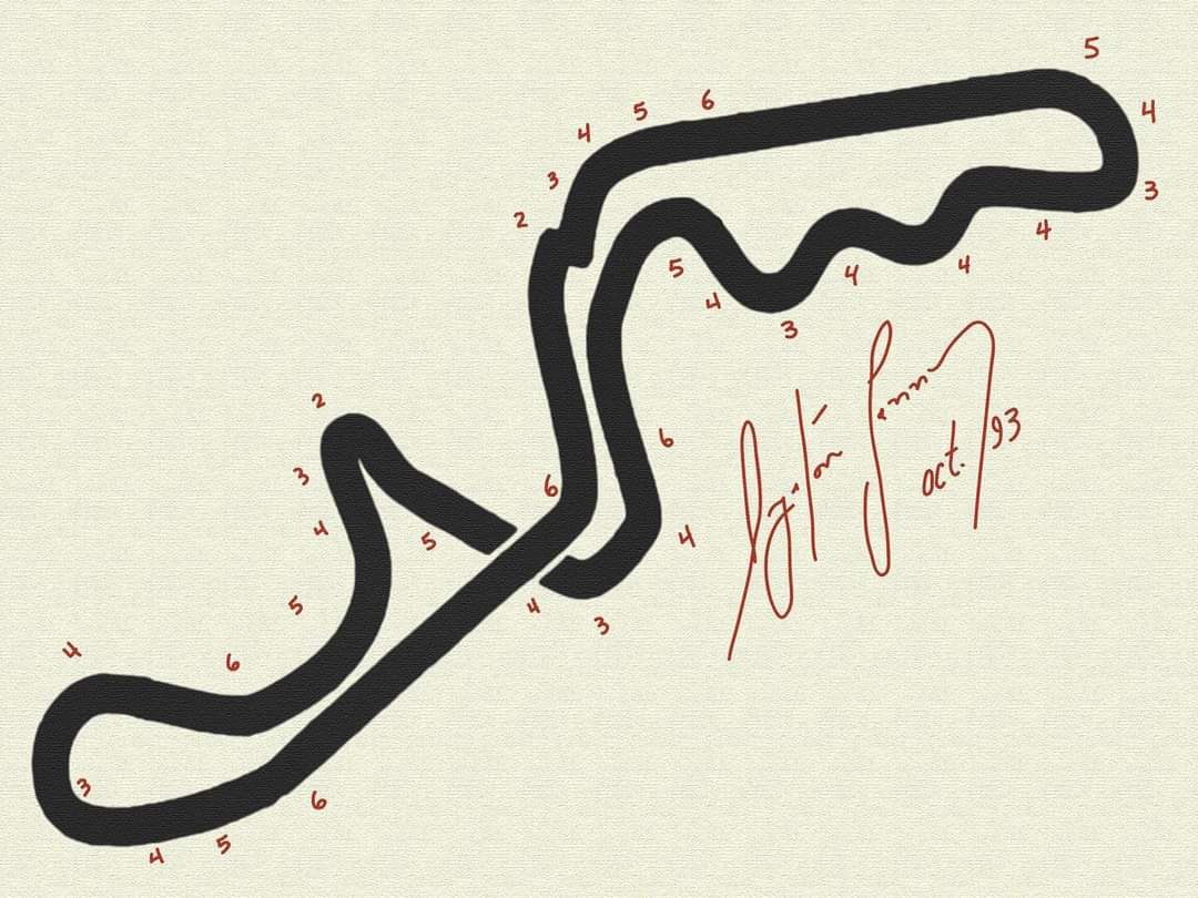 A hand-drawn and signed map of the Suzuka Circuit by Ayrton Senna, detailing gears per sector. 
October 1993.